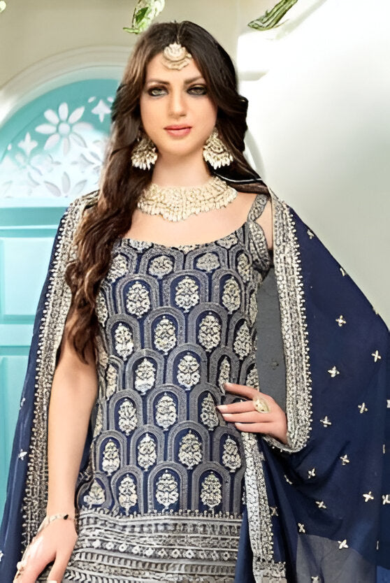 Stylish blue garara with a chic georgette kurti, ideal for weddings and festive events.