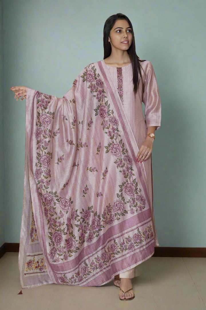 Blush pink Chanderi kurti set with dupatta, perfect for women’s stylish fashion, blending elegance with comfort for any occasion