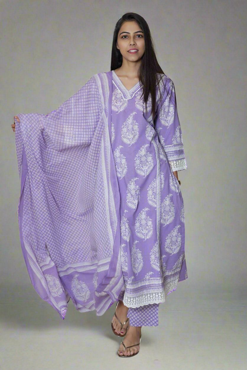 Lavender cotton kurti set for women, perfect Indian ethnic wear for any occasion, blending style and comfort effortlessly