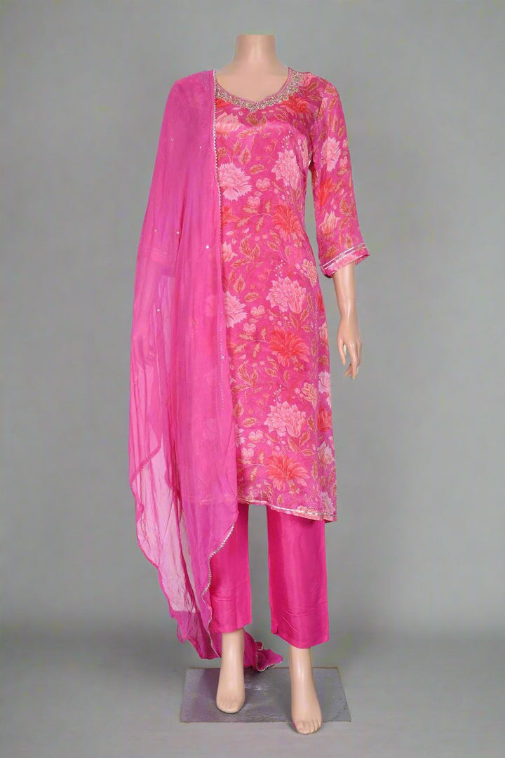 Stylish pink kurta set made from chinon silk, complete with a matching chiffon dupatta, perfect for elegant occasions and everyday wear.