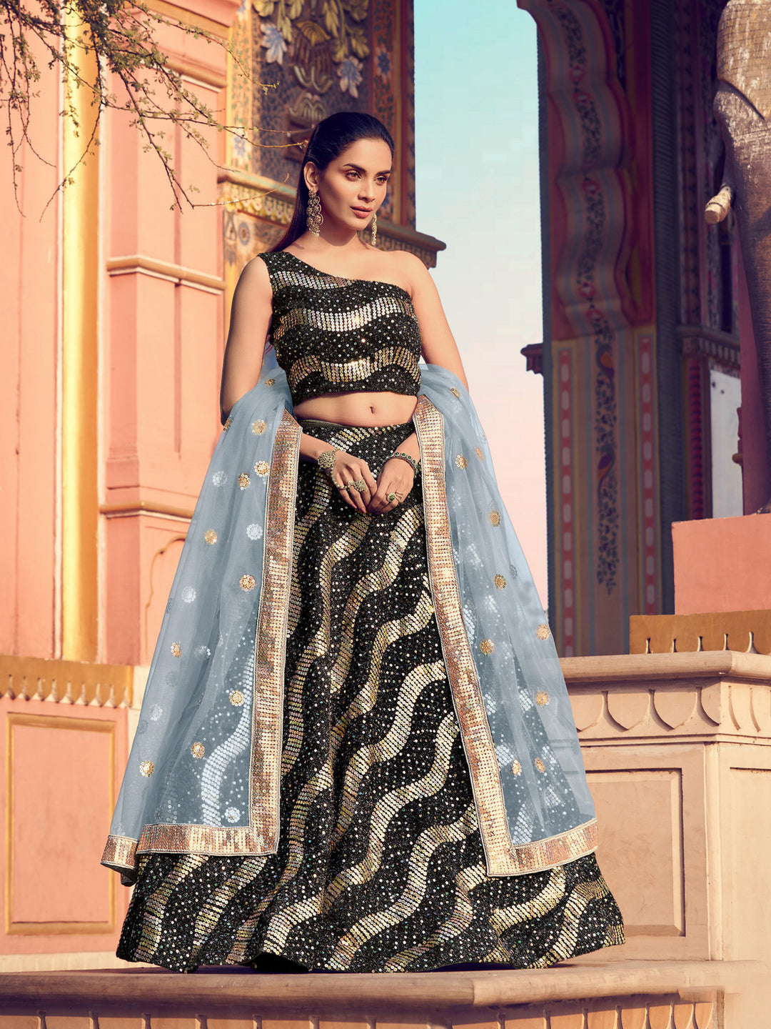 Festive Black and Sky Blue Lehenga | Golden Accent Party Wear Lehenga