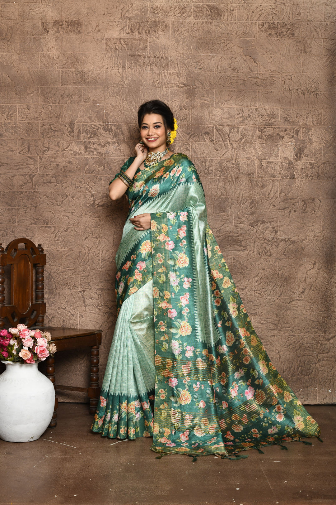 Tussar silk saree with floral contrast pallu, print body, and tassel details