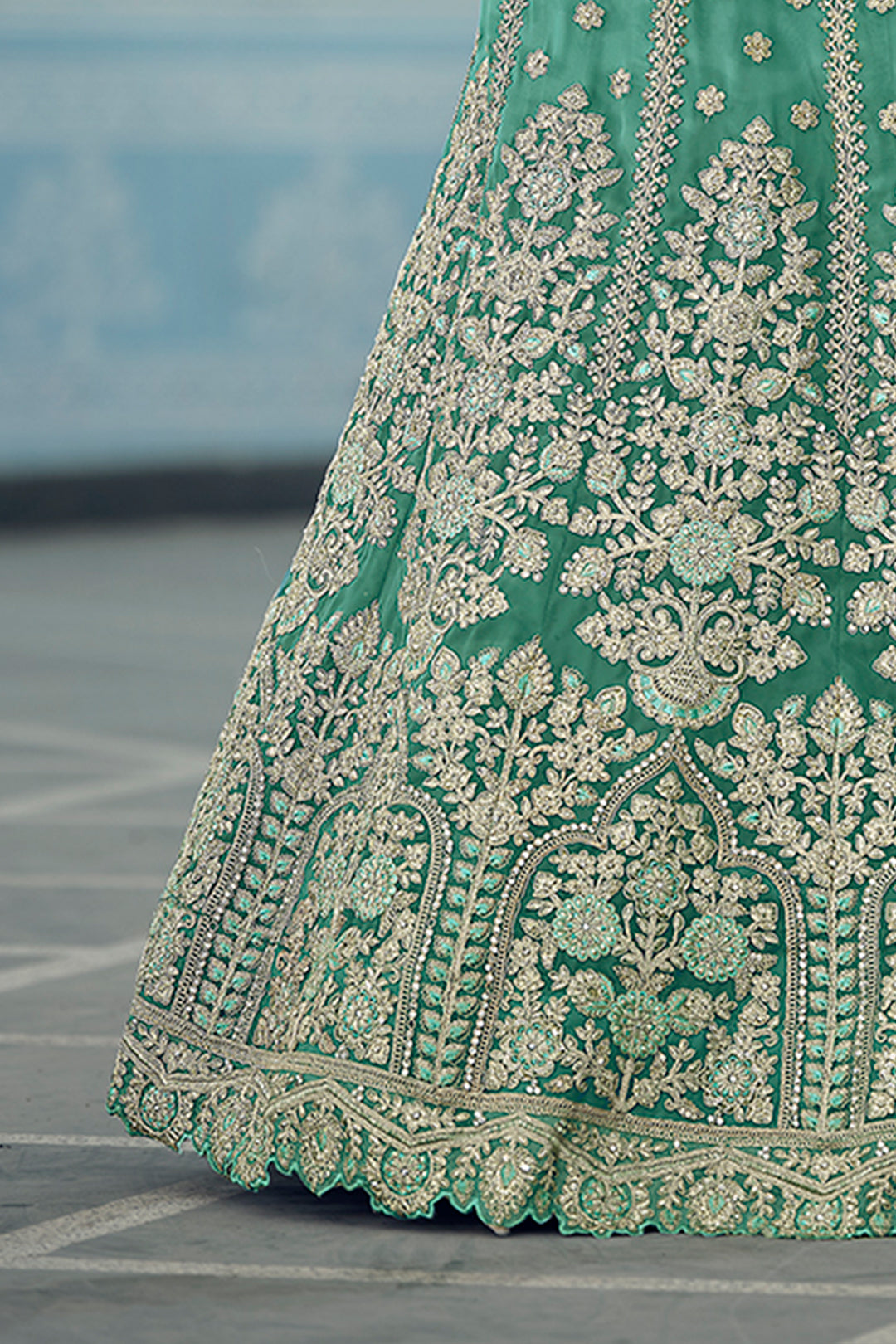 Turquoise Semi Stitched Lehenga Choli | Organza with Zari & Sequins