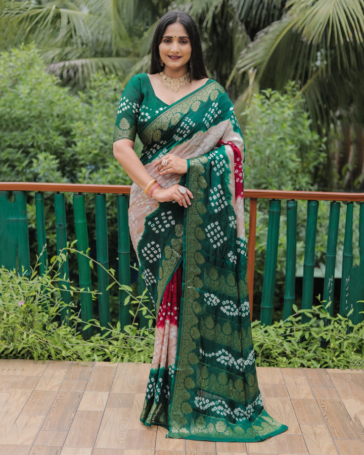 Green Pure Bandhej Silk Saree with luxurious zari border and a richly woven pallu for bridal wear.