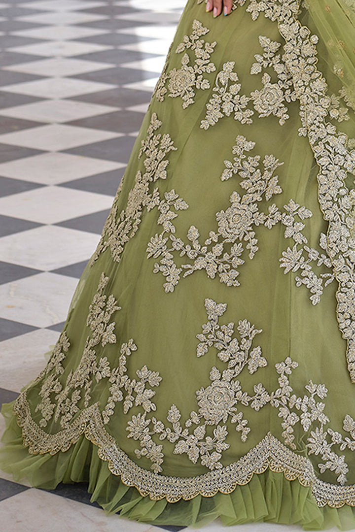 Designer Olive Green Lehenga Choli | Soft Net with Sequins & Dori Work