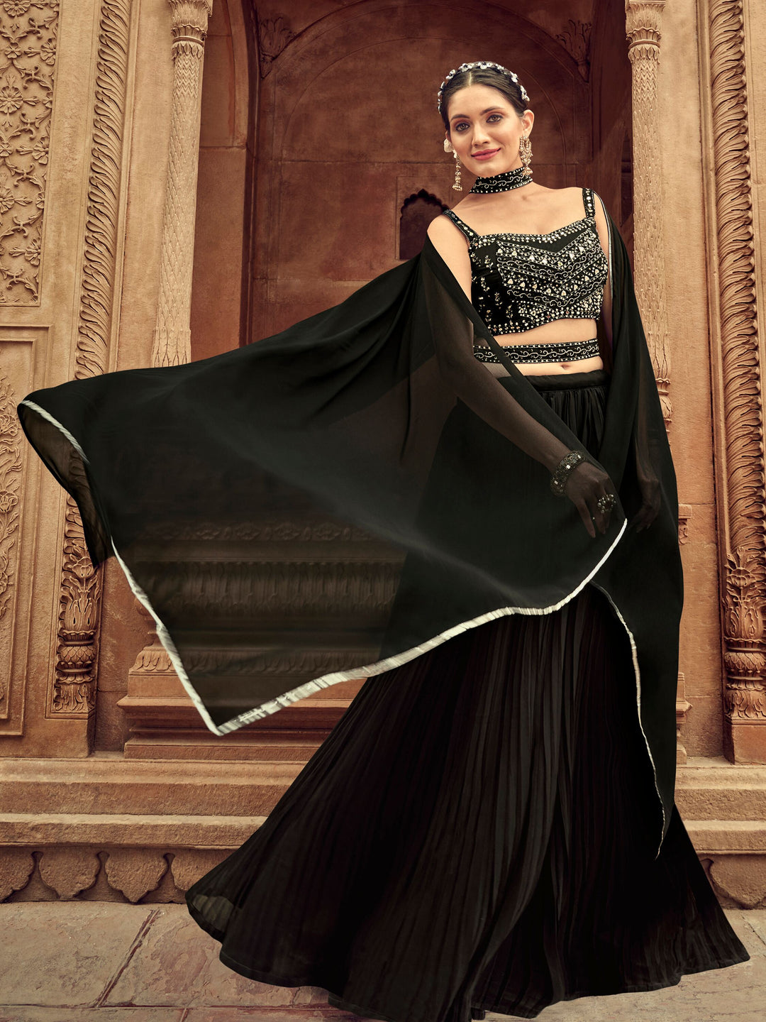 Beautiful Black Embroidered Georgette Reception Wear Lehenga Choli