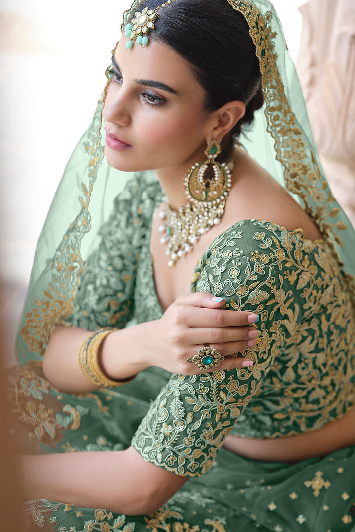 Stylish Dusty Green Lehenga | Soft Net Semi-Stitched Wedding Lehenga