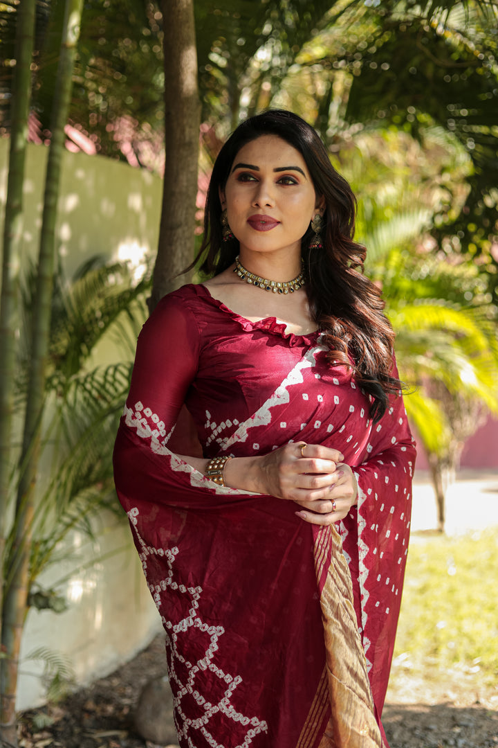 Maroon Premium Bandhej Silk Saree with Zari weaving and designer Pallu for luxurious celebrations.