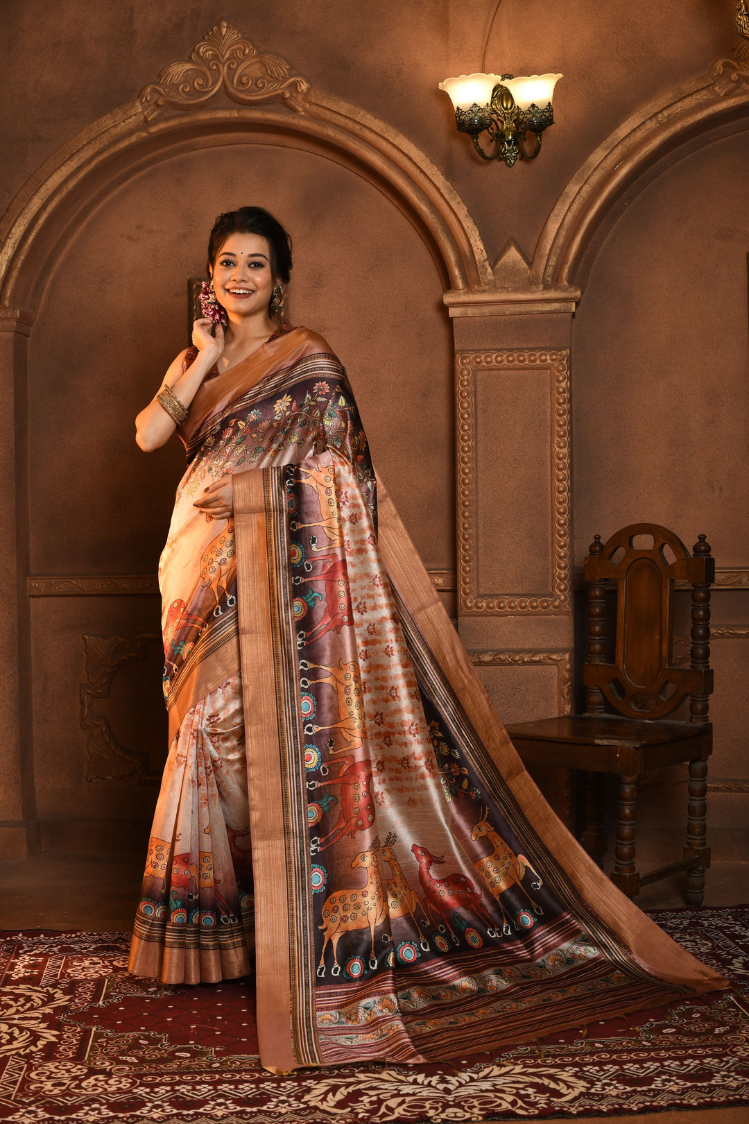 Rich brown Kalamkari Tussar Silk Saree with a contrast blouse, perfect for evening events in the USA.