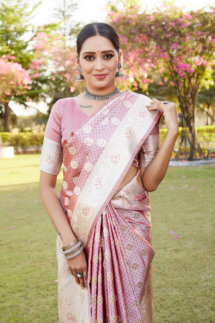 Pink Kanjivaram Soft Satin Silk saree, adorned with intricate butta work and a sophisticated designer border.