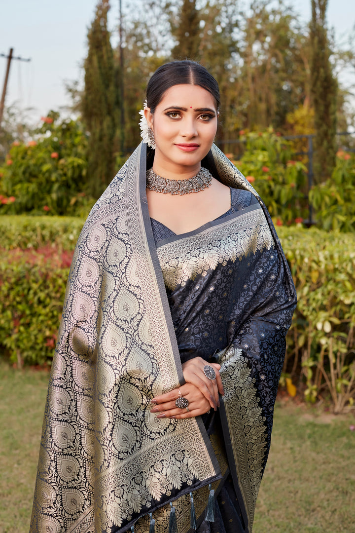 Navy Royal Kanjivaram Satin Silk Saree with intricate Butta design and designer border for festive occasions.