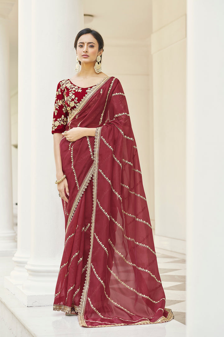 Maroon Embroidered Organza Saree | Traditional Indian Wedding Saree