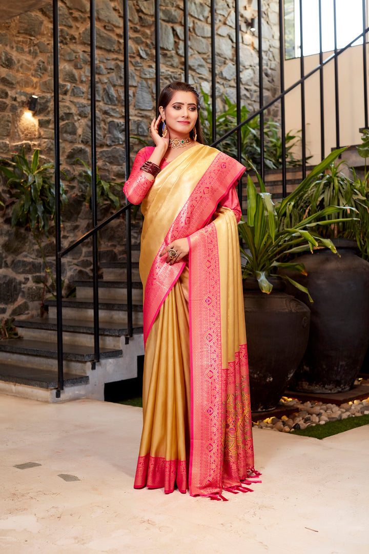 Light-green Tissue silk saree with stunning contrast border and intricate weaving details.