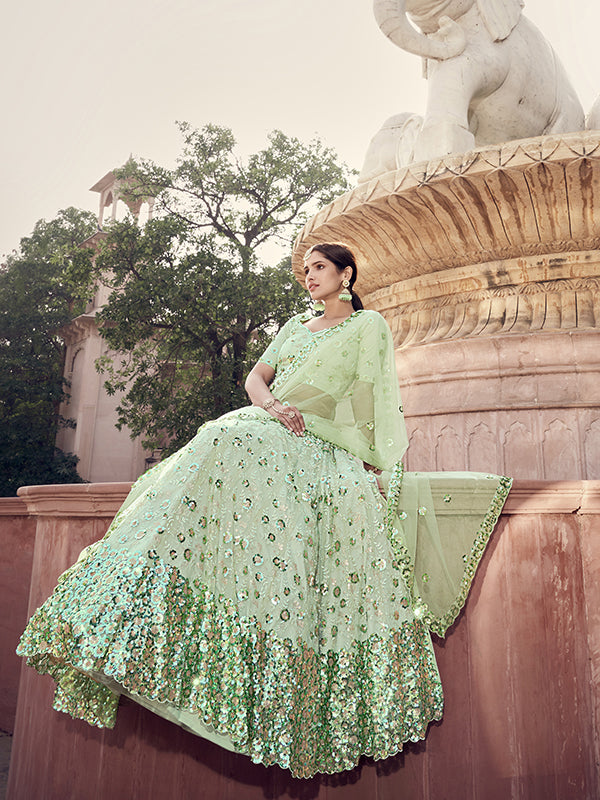 Pista Green Lehenga Choli Set | Sequins Soft Net Bridal Wear