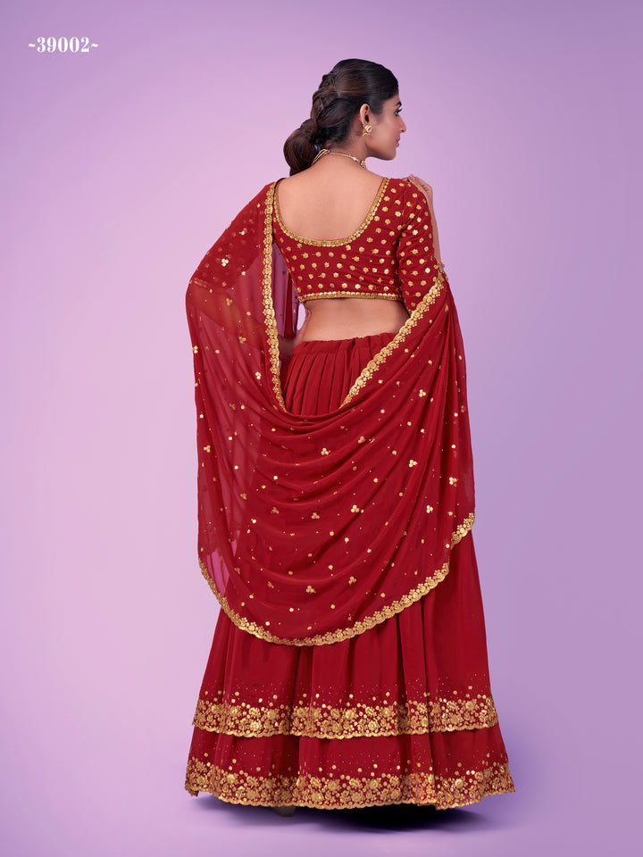 Flared Red Semi-stitched Embroidered Lehenga | Round Neck Blouse