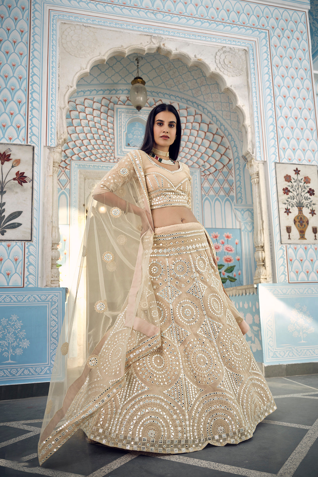 Elegant Cream Organza Lehenga Choli | Thread Embroidery & Foil Mirror Work