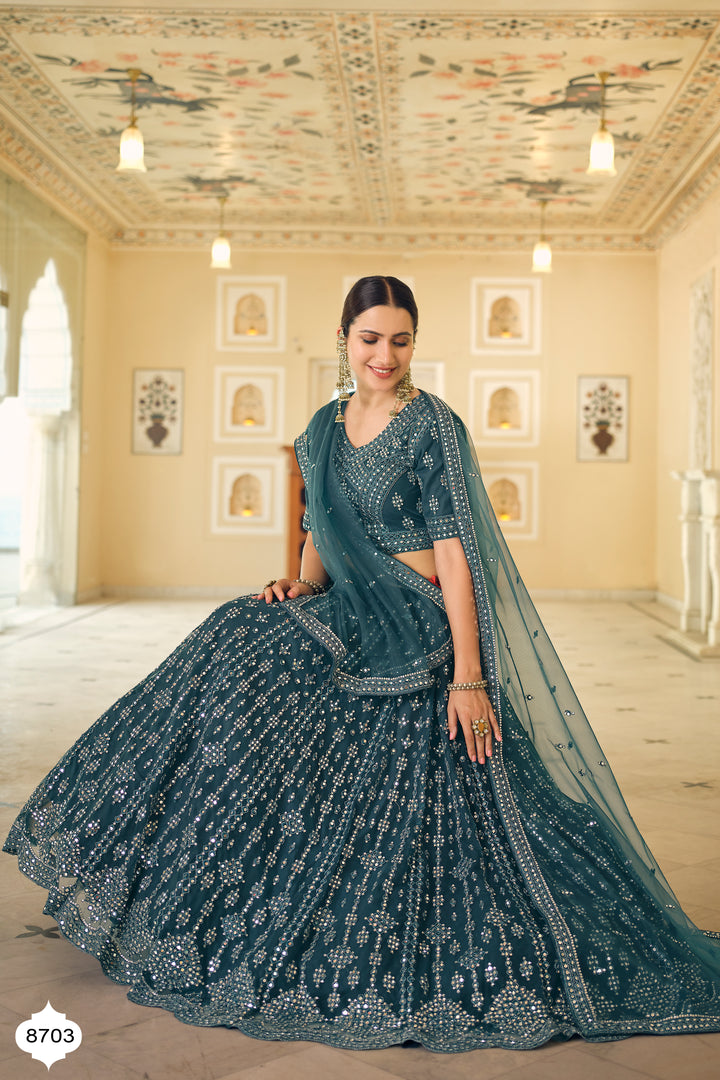 Elegant Rama Blue Lehenga Set | Lehenga with Dori & Mirror Work