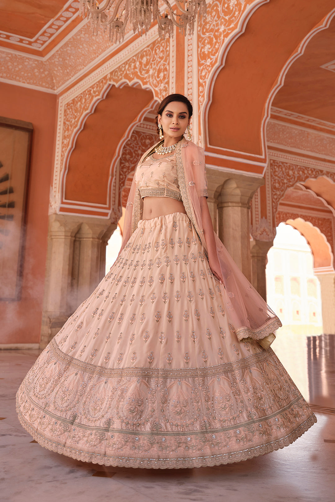 Indian Bridal Lehenga | Peach Soft Net & Crepe Crop Top Set