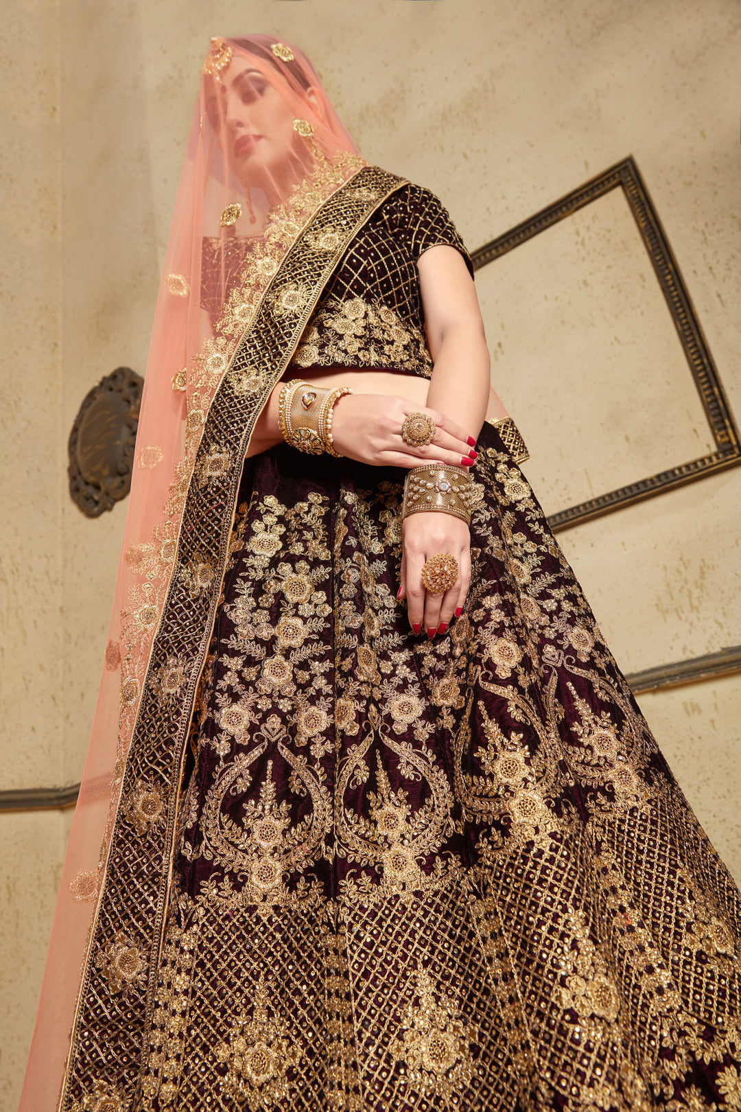 Elegant Maroon Velvet Lehenga Choli | Soft Net Dupatta for Weddings