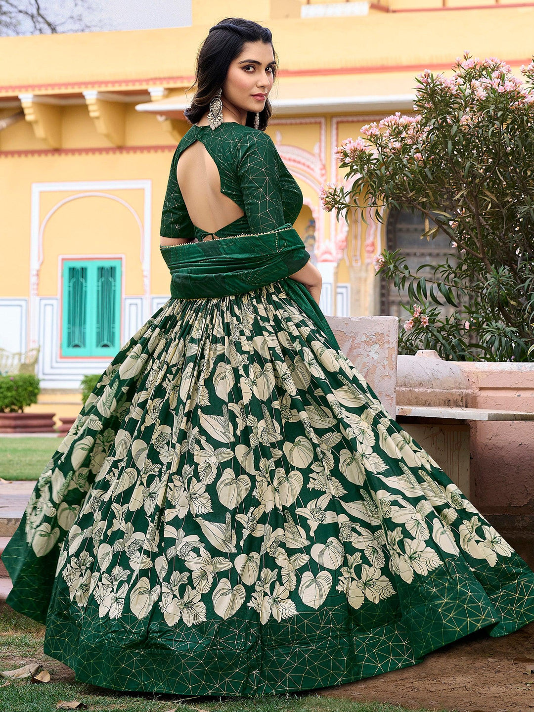 Fascinating Green Floral Printed Tussar Silk Lehenga Choli With Dupatta