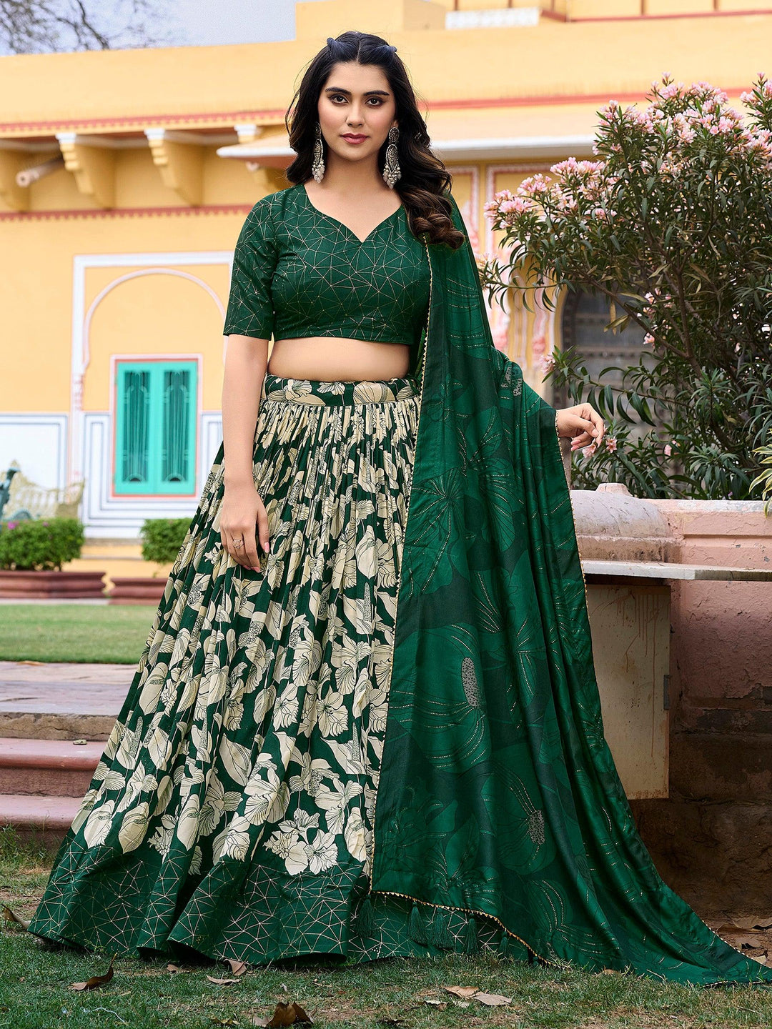 Fascinating Green Floral Printed Tussar Silk Lehenga Choli With Dupatta