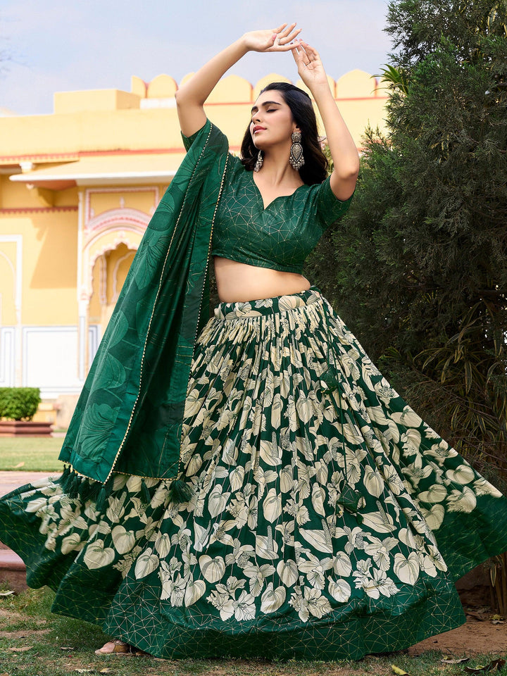 Fascinating Green Floral Printed Tussar Silk Lehenga Choli With Dupatta