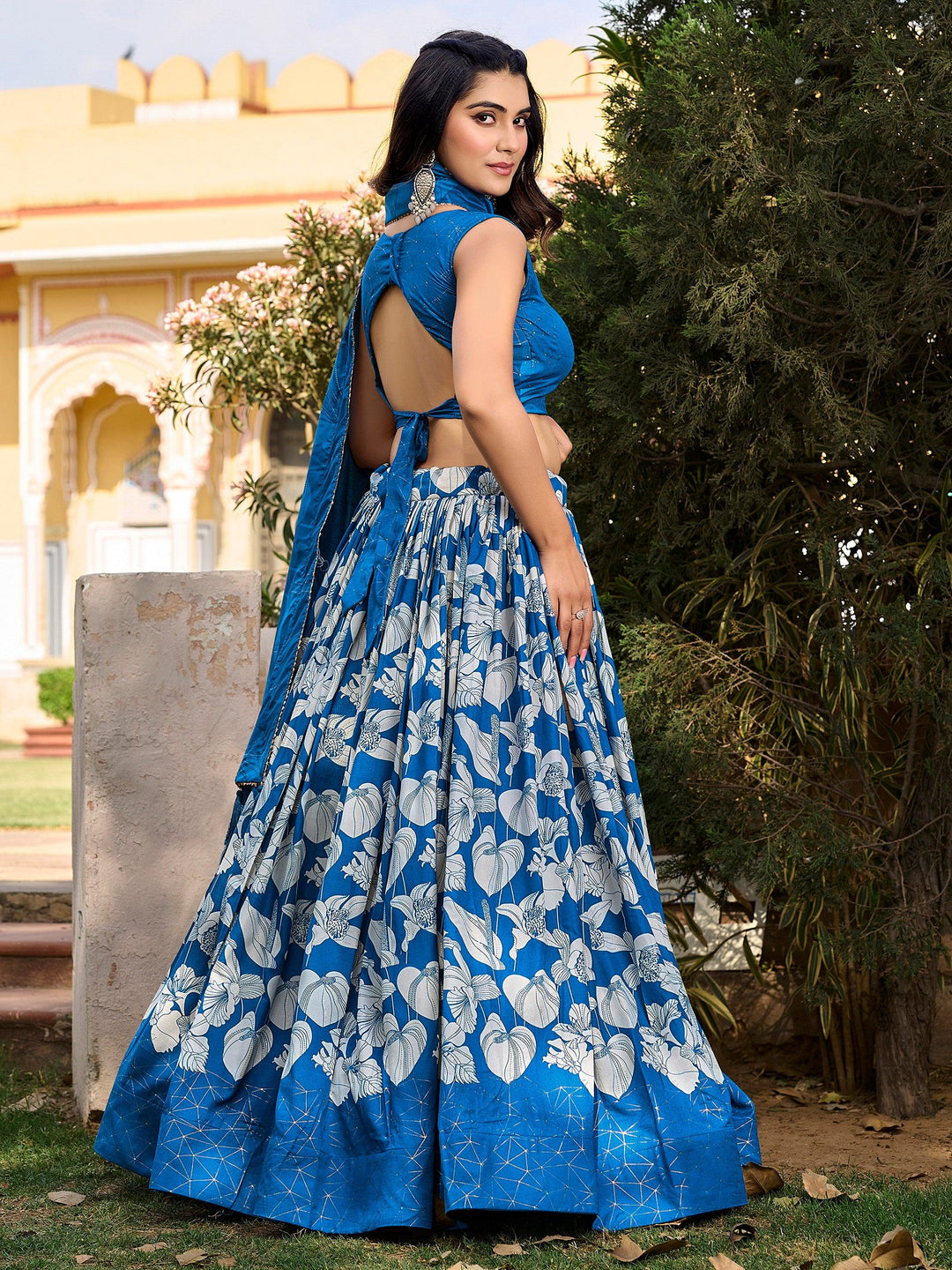 Alluring Blue Floral Printed Tussar Silk Festival Wear Lehenga Choli