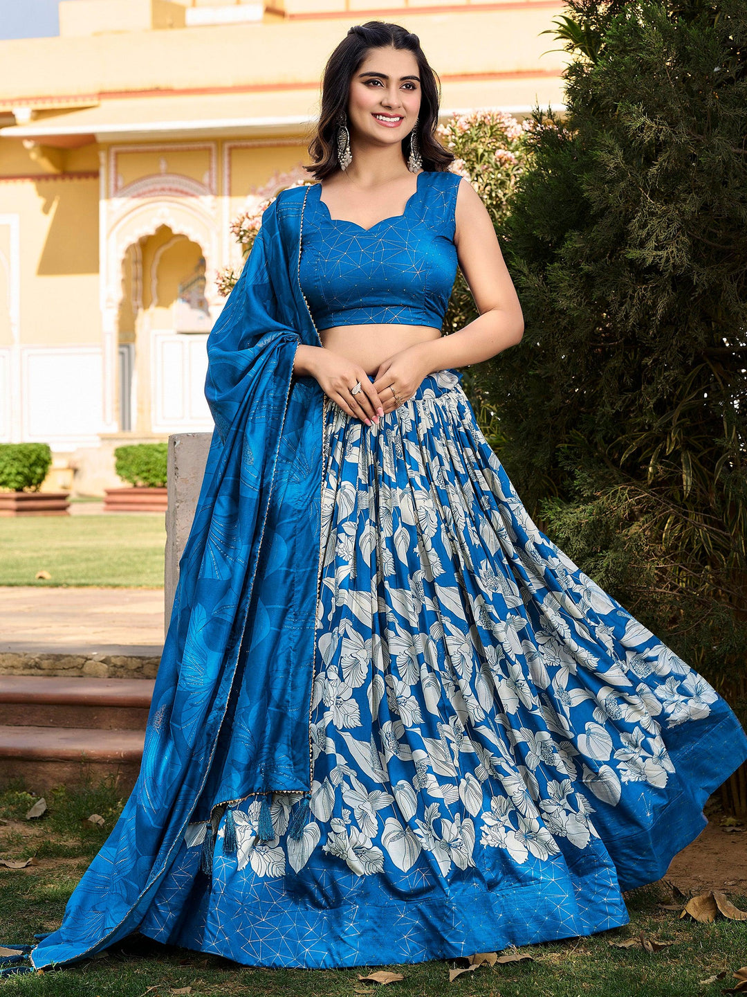 Alluring Blue Floral Printed Tussar Silk Festival Wear Lehenga Choli