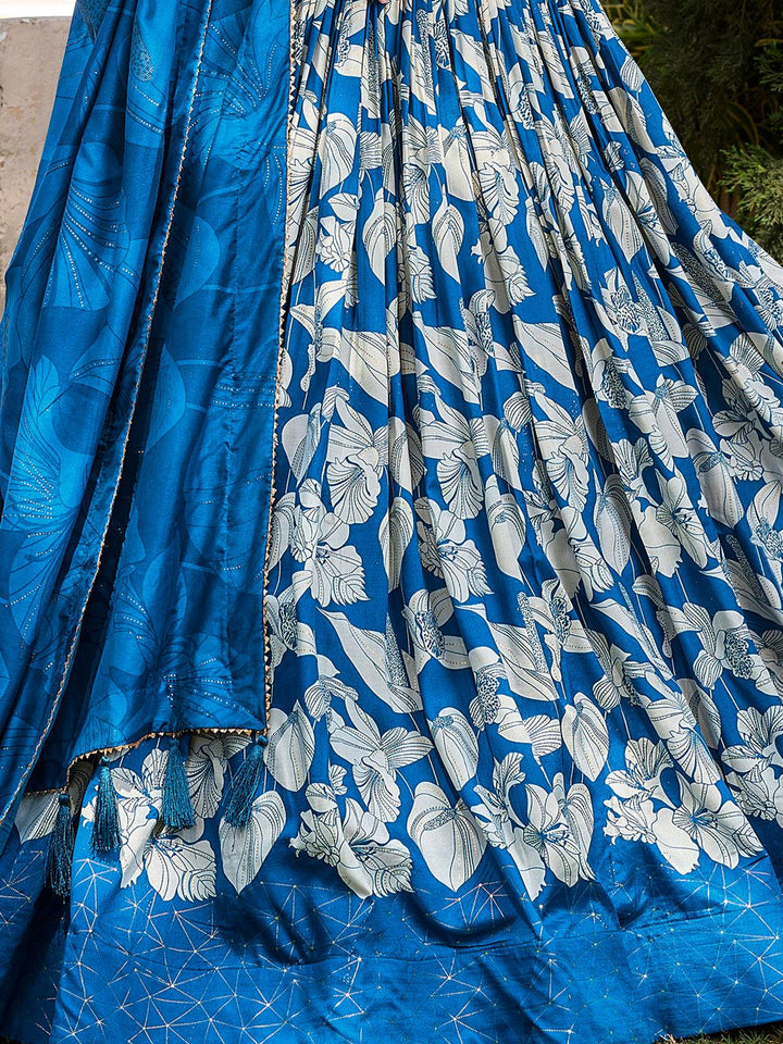 Alluring Blue Floral Printed Tussar Silk Festival Wear Lehenga Choli