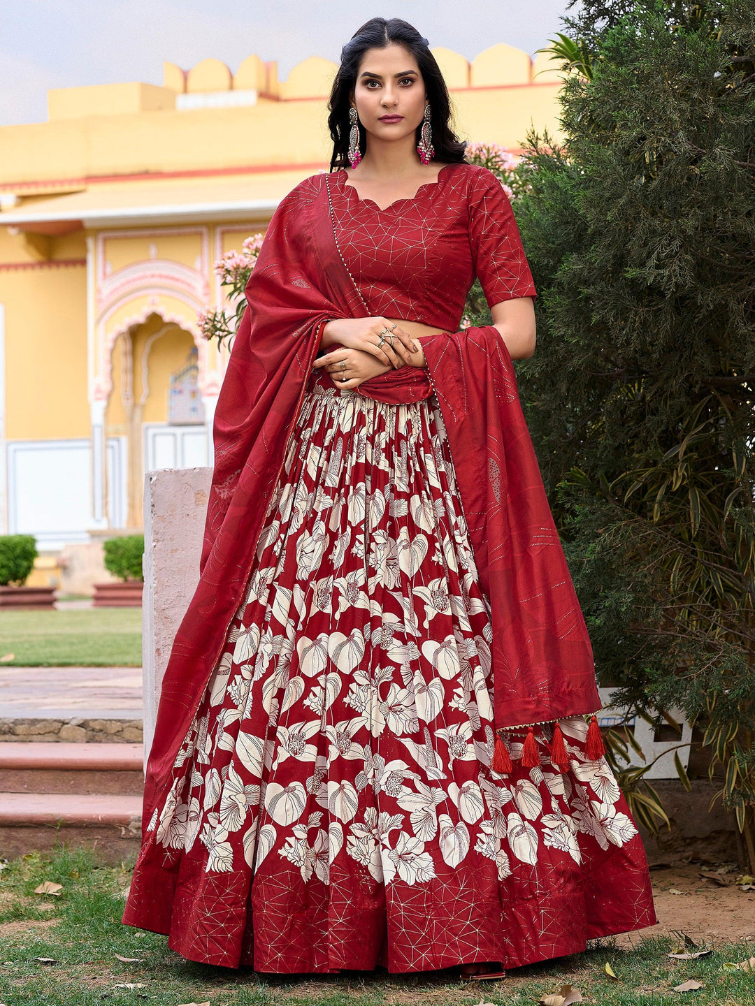 Beautiful Red Floral Printed Tussar Silk Navratri Lehenga Choli