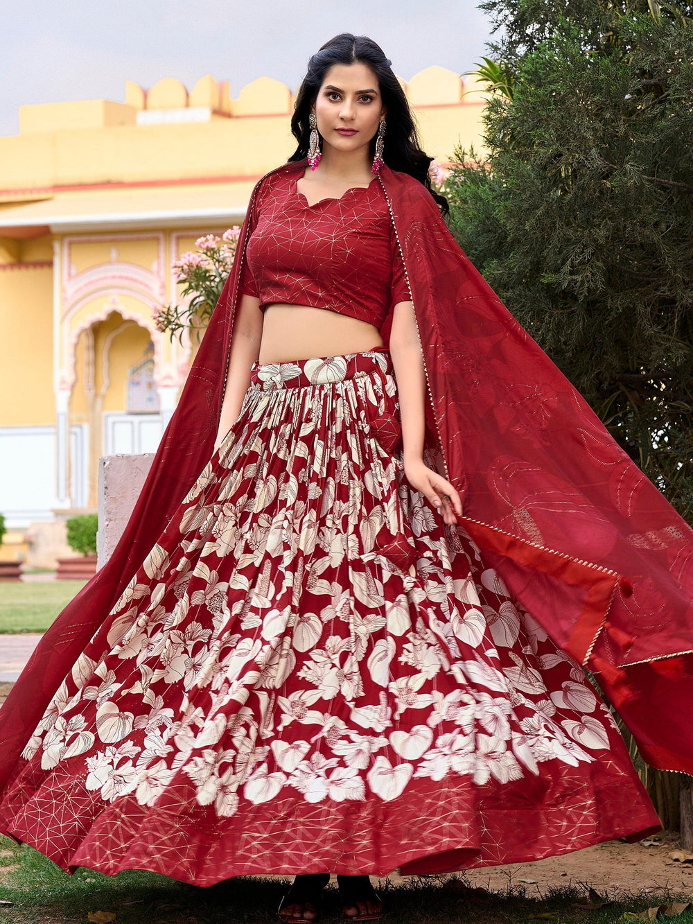 Beautiful Red Floral Printed Tussar Silk Navratri Lehenga Choli