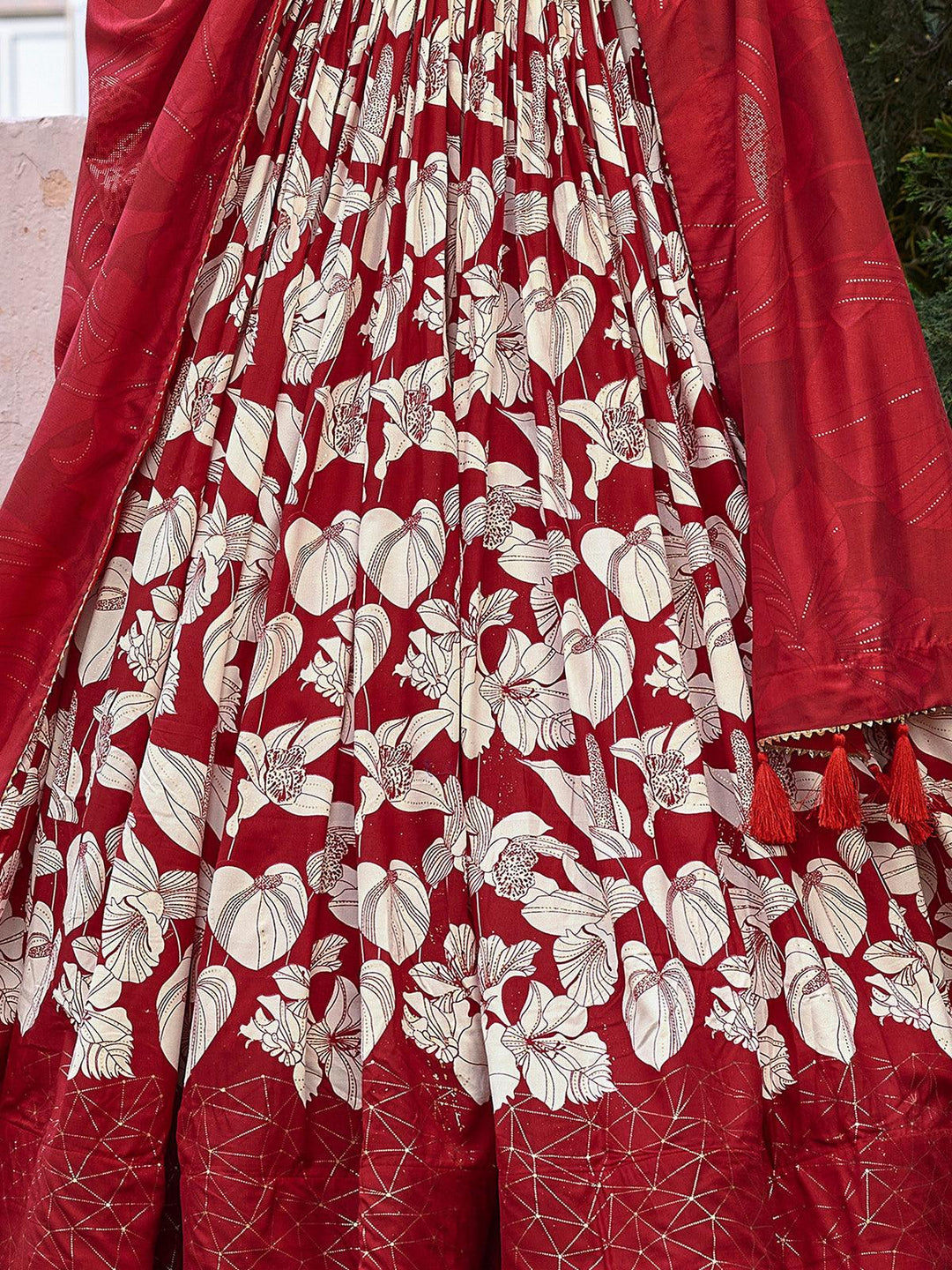 Beautiful Red Floral Printed Tussar Silk Navratri Lehenga Choli