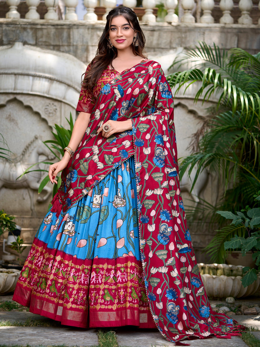 Wonderful Sky-Blue Patola Printed Silk Festival Wear Lehenga Choli