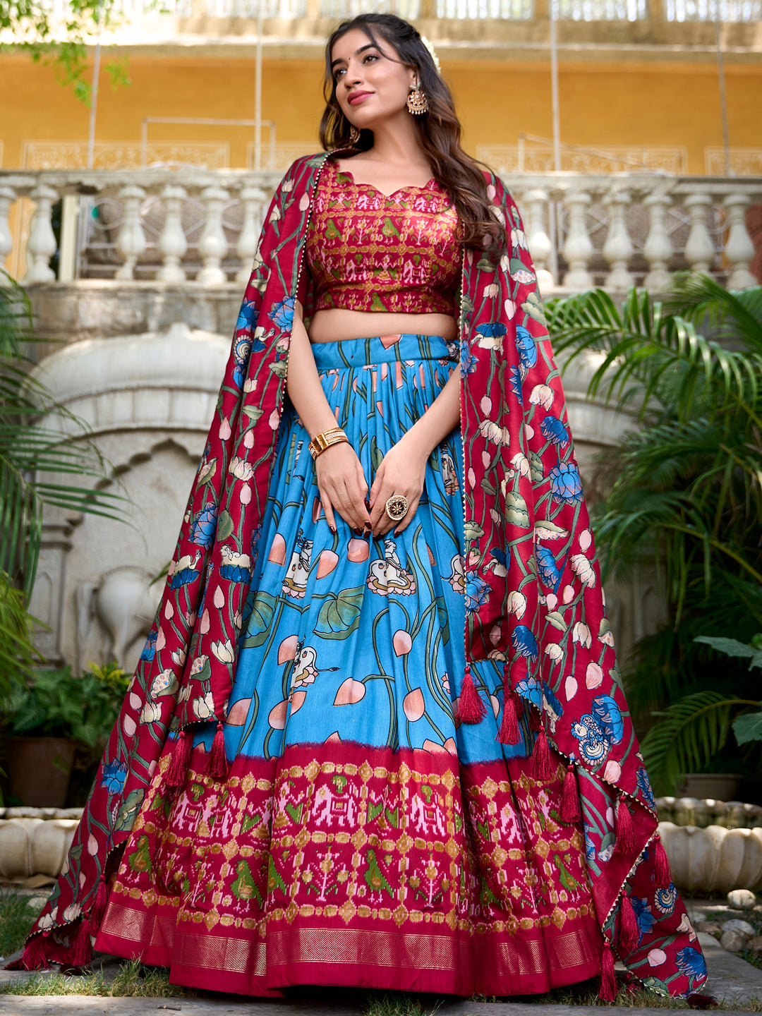 Wonderful Sky-Blue Patola Printed Silk Festival Wear Lehenga Choli