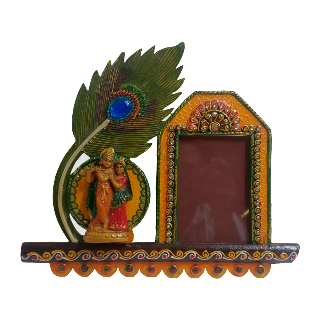 Handcrafted wooden Radha Krishna frame, devotional decor