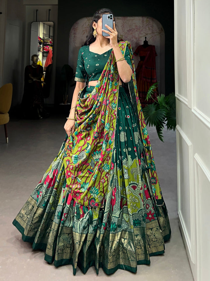 Astonishing Green kalamkari Printed Silk Traditonal Lehenga Choli