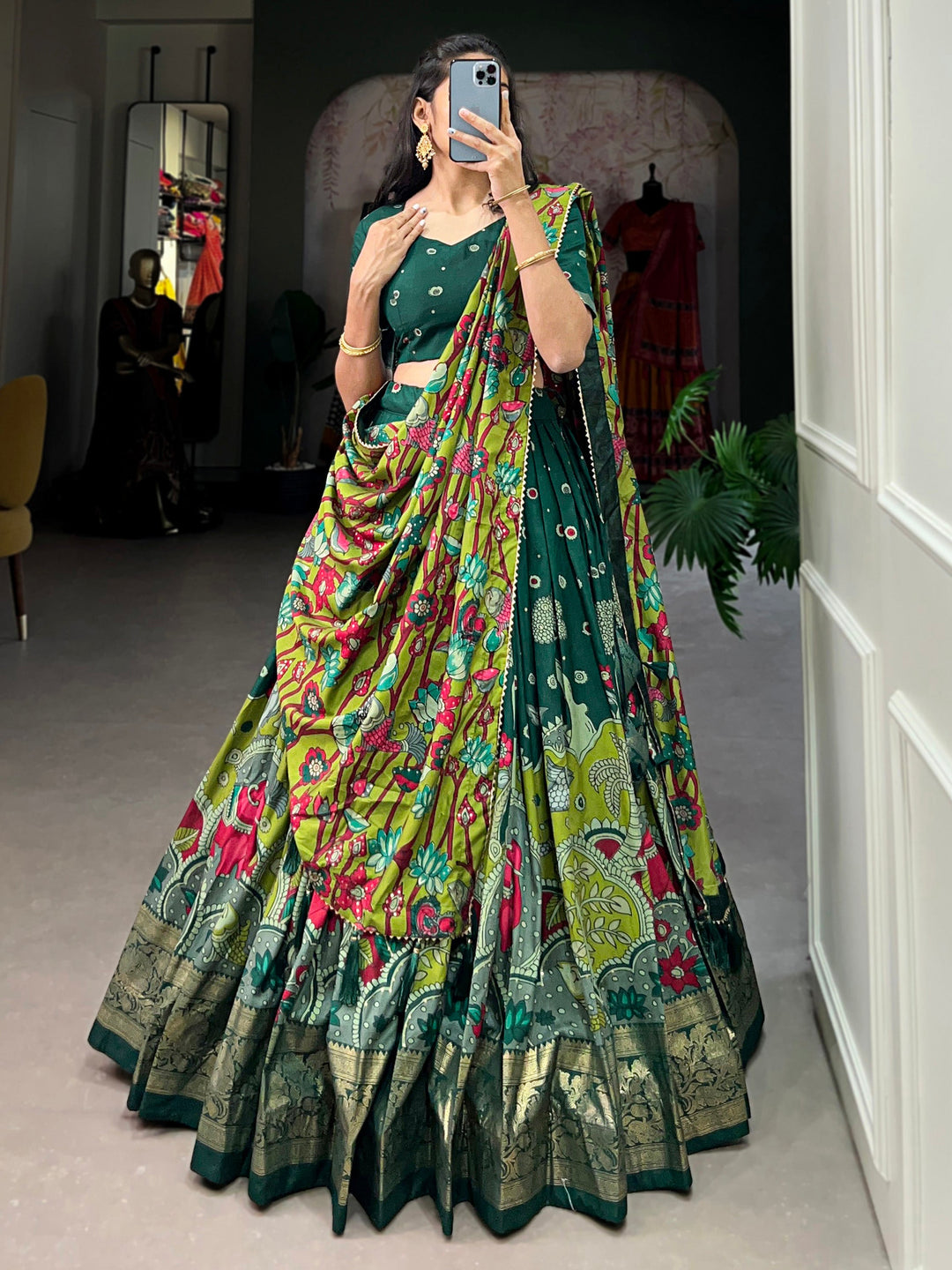 Astonishing Green kalamkari Printed Silk Traditonal Lehenga Choli