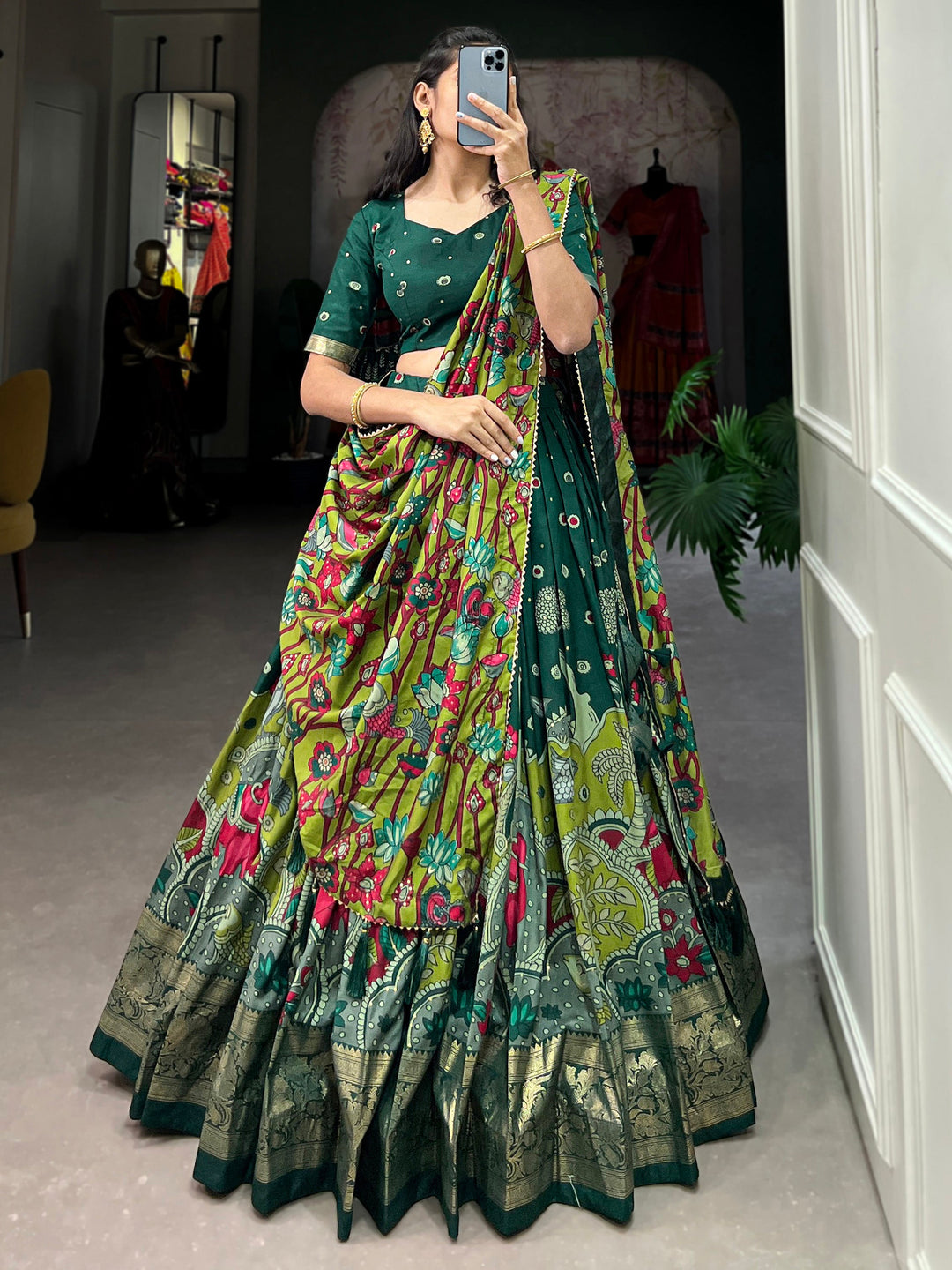 Astonishing Green kalamkari Printed Silk Traditonal Lehenga Choli