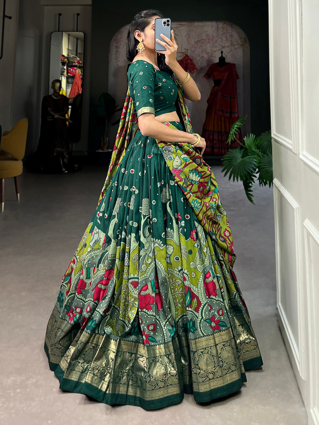 Astonishing Green kalamkari Printed Silk Traditonal Lehenga Choli