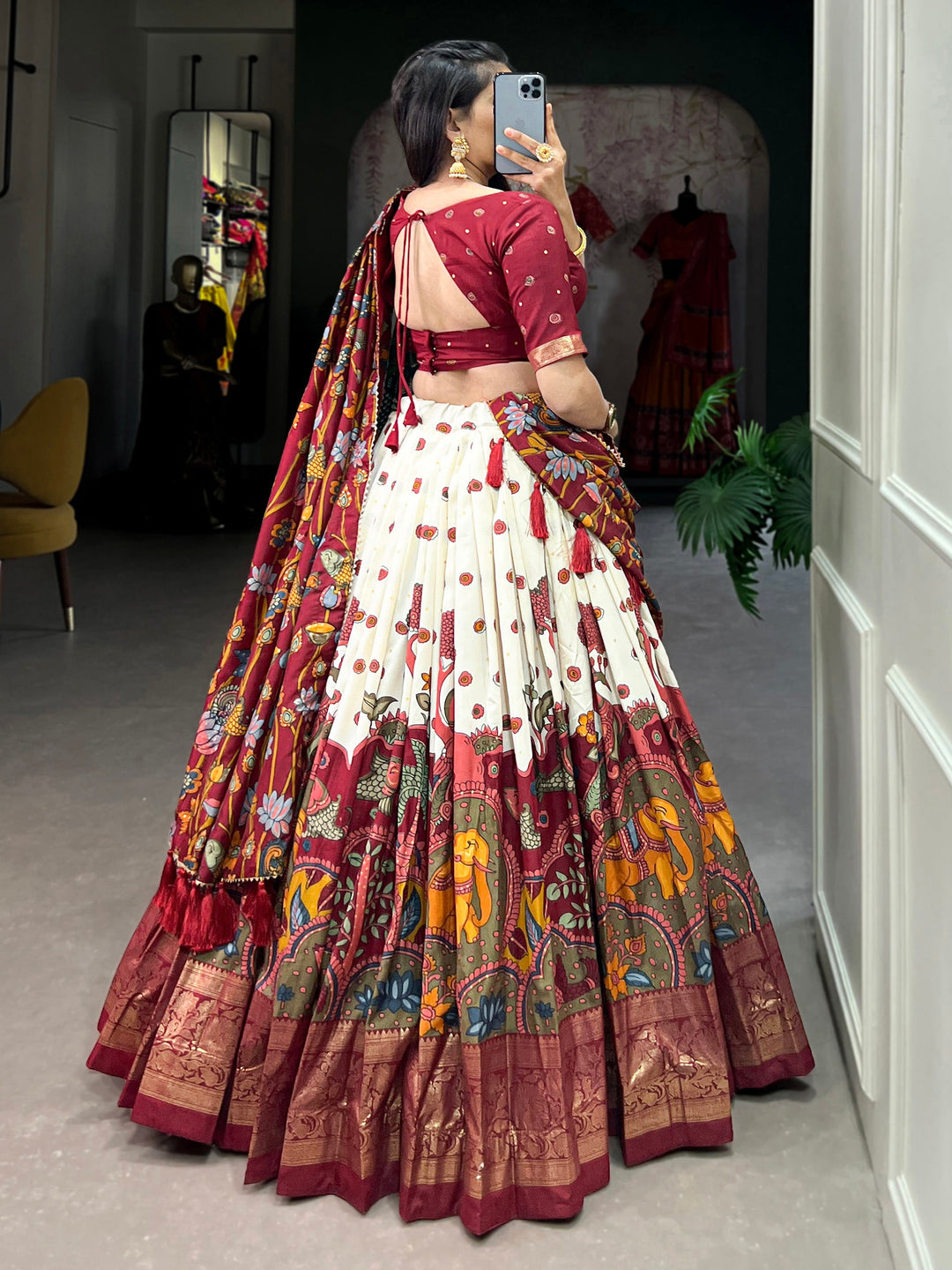 Gorgeous Cream kalamkari Printed Silk Navratri Wear Lehenga Choli