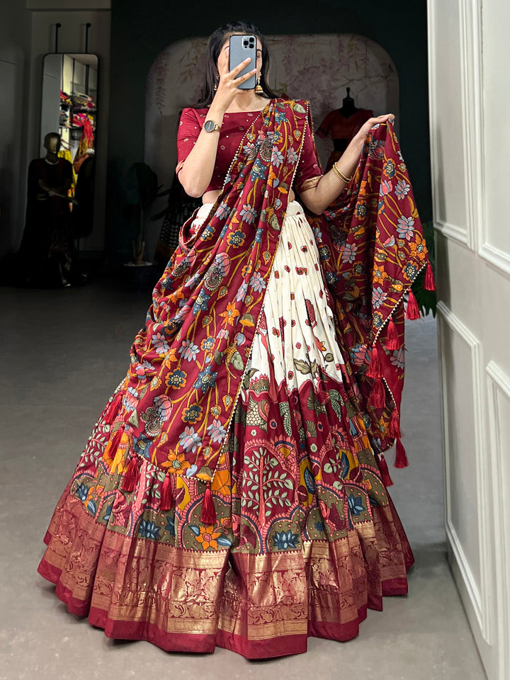 Gorgeous Cream kalamkari Printed Silk Navratri Wear Lehenga Choli