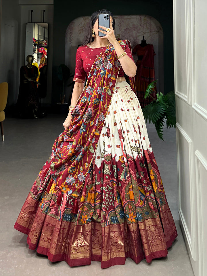 Gorgeous Cream kalamkari Printed Silk Navratri Wear Lehenga Choli