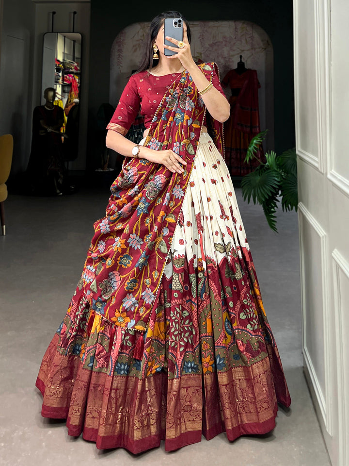 Gorgeous Cream kalamkari Printed Silk Navratri Wear Lehenga Choli