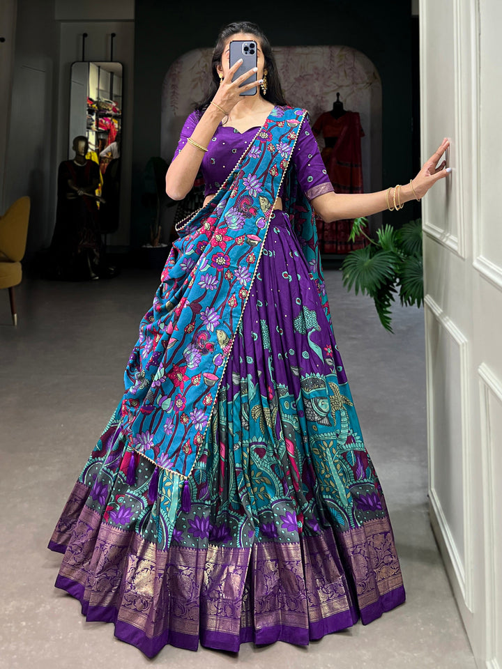 Beautiful Purple kalamkari Printed Silk Festival Wear Lehenga Choli