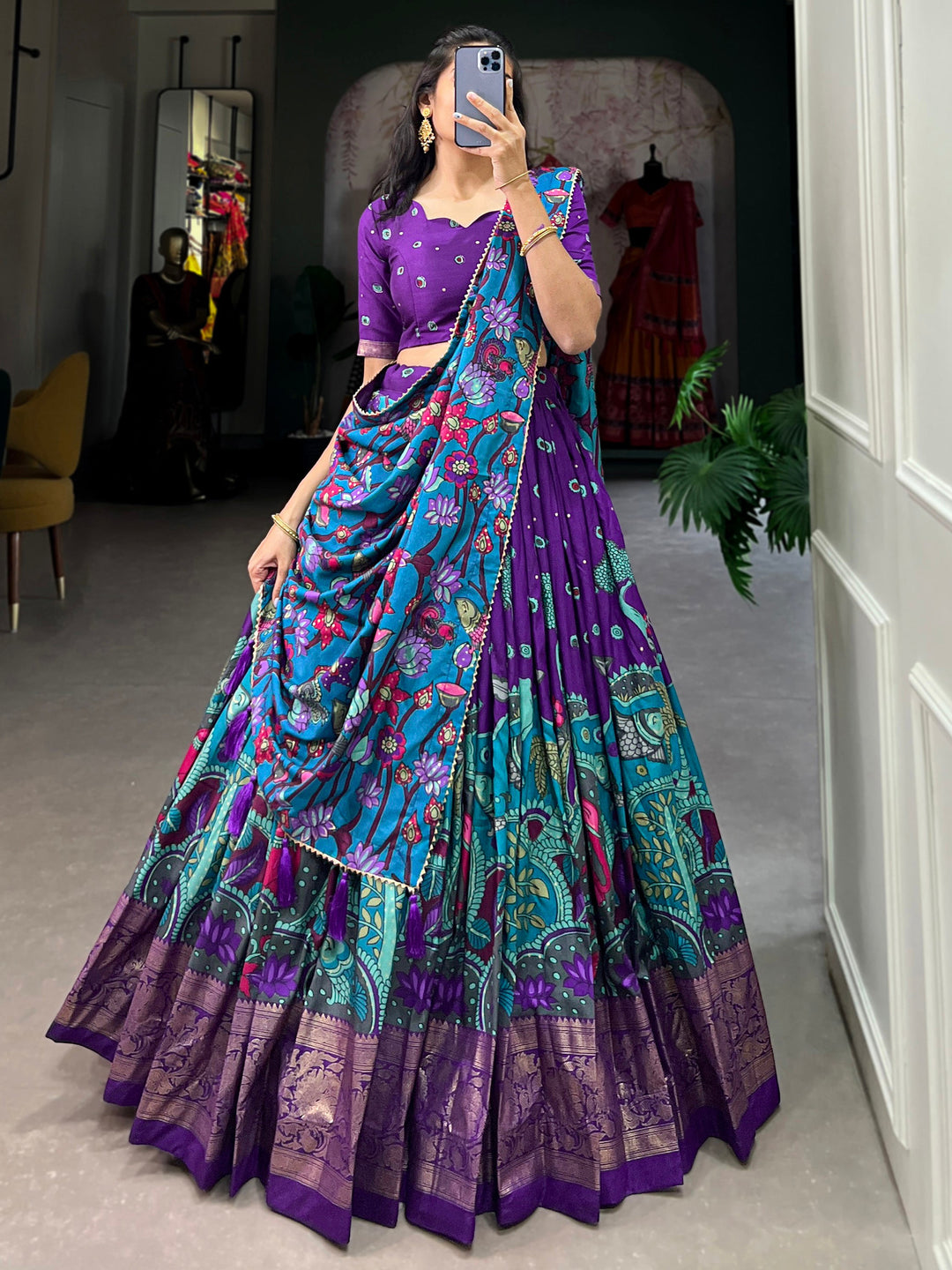 Beautiful Purple kalamkari Printed Silk Festival Wear Lehenga Choli