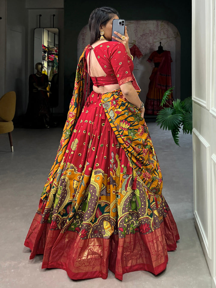 Enchanting Red kalamkari Printed Silk Event Wear Lehenga Choli