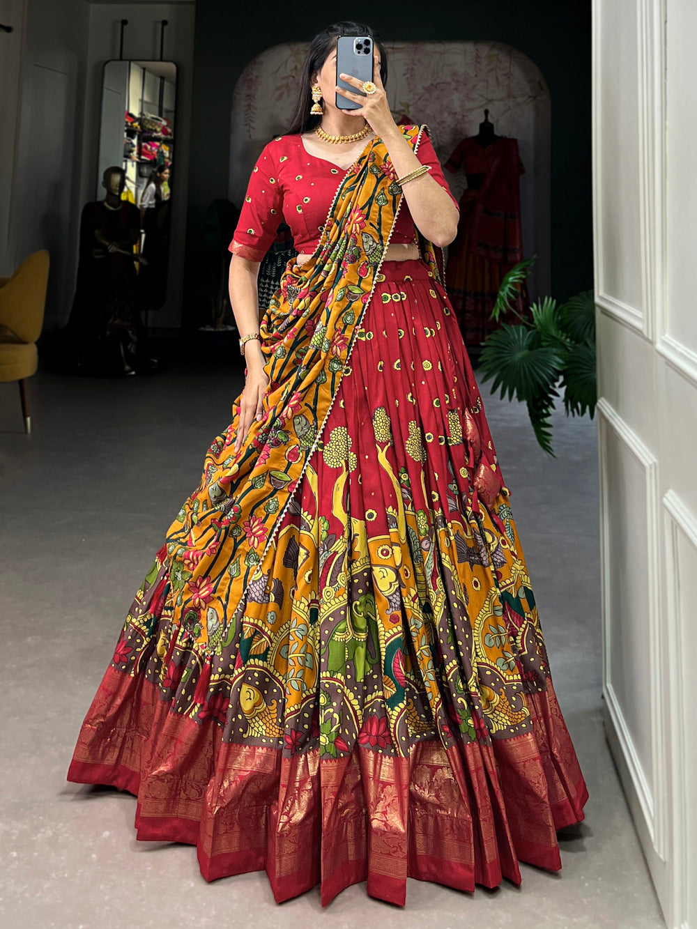 Enchanting Red kalamkari Printed Silk Event Wear Lehenga Choli