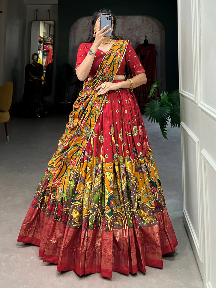 Enchanting Red kalamkari Printed Silk Event Wear Lehenga Choli