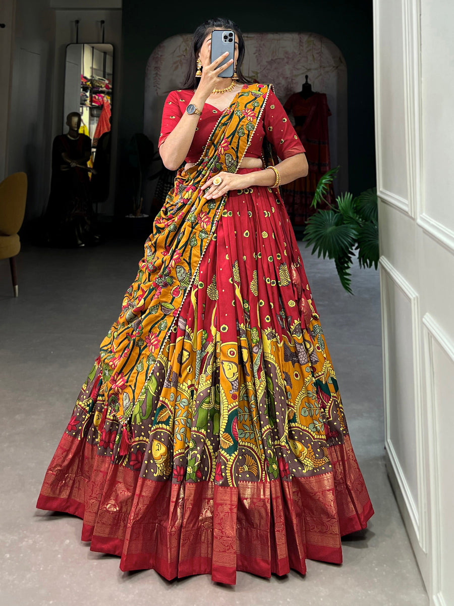 Enchanting Red kalamkari Printed Silk Event Wear Lehenga Choli