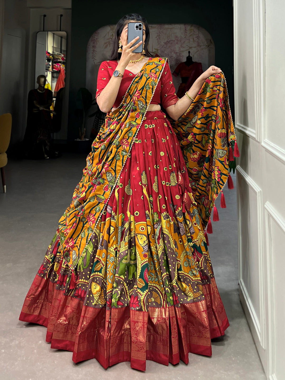 Enchanting Red kalamkari Printed Silk Event Wear Lehenga Choli